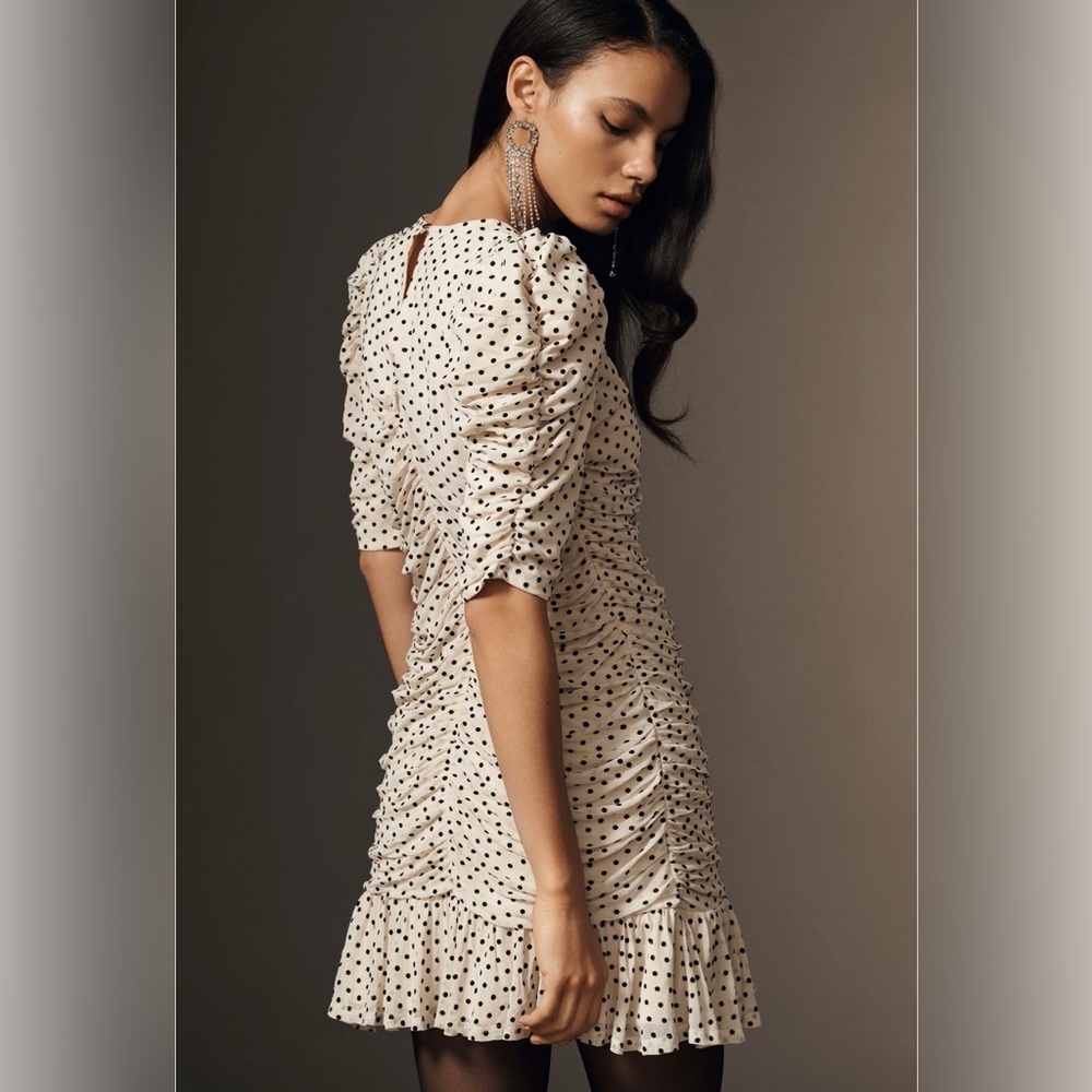 Maeve Puff-Sleeve Ruched Mesh Polka Dot Mini Dress - Picture 4 of 10